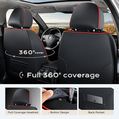 Coverado Car Seat Covers Full Sets, 5 Piece Car Seat Protector Waterproof Leather Seat Cushion Universal Fit for Truck Automotive Vehicles Black&Red