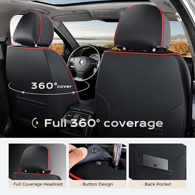 Coverado Car Seat Covers Front Seats, 2 Piece Car Seat Protector Waterproof Leather Seat Cushion Universal Fit for Truck Automotive Vehicles Black&Red