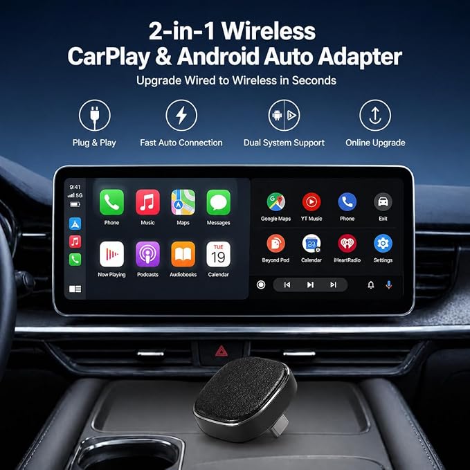 Wireless CarPlay & Android Auto Adapter, USB-C Dongle for Factory Wired Systems, Fast Auto Reconnect, 2.4/5.8GHz Dual-Band WiFi, Low Latency, Plug & Play for iPhone iOS 10+ & Android 11+