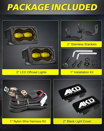 3 Inch SAE Yellow LED Fog Lights w/Wiring Harness & Black Covers | Street Legal SAE Fog Beam, High Intensity CREE LEDs, Free Wiring kit & Black Covers
