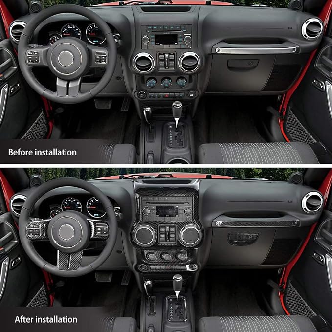 RT-TCZ for Jeep JK Interior Trim Kit Black, JKU Center Console Dashboard Panel Trim Cover for Jeep Wrangler JK JKU 2011-2017 Black ABS Carbon Fiber Interior Accessories 10pcs