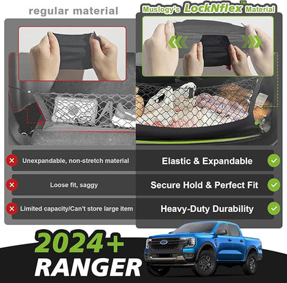 Muslogy Truck Bed Cargo Net Trunk Netting Compatible with Ford Ranger 2024 2025 2026 Accessories, Pickup Cargo Organizer SUV Sedan Storage Net w/Heavy Duty Carabiners
