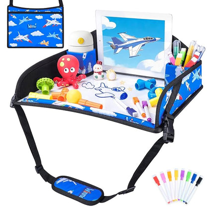 COOLBEBE Kids Travel Tray for Toddler Car Seat, Travel Tray for Airplane, Toddler Car Seat Lap Tray, Carseat Table Tray for Kids Travel Activities (Blue Plane)
