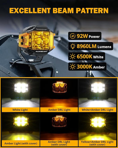 Auxbeam 4 Inch V-MAX Series LED Pods with Side Shooter, 92W Round Offroad Driving Lights with Amber DRL, Super Bright 270° Wide Range Spot Flood Combo Light Bar Auxiliary Light with Wiring Harness Kit