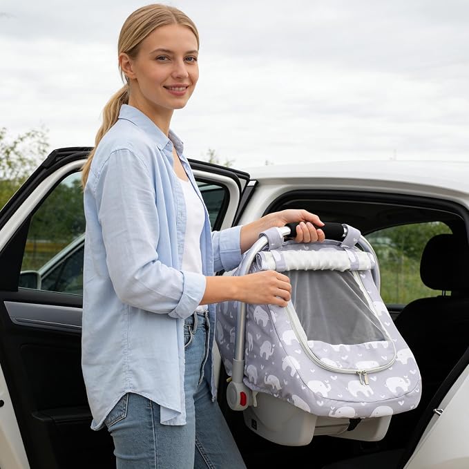 Car Seat Cover Baby, Mink Dot Infant Car Seat Cover for Outdoor, Breathable Carseat Cover with Mesh Peep Window & Sun Shade, Easy Access Baby Carrier Canopy Snug Fit Stroller