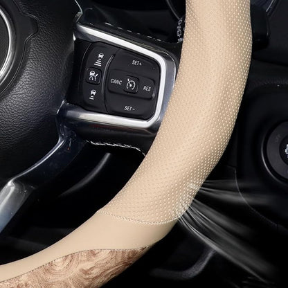 KAFEEK Wood Grain Steering Wheel Cover, Breathable Microfiber Leather, Non-Slip, Universal 14.5-15 inch Steering Wheel Accessory, Beige