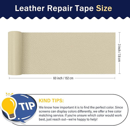 Zenyao Leather Repair Patch Tape - Self Adhesive Leather Repair Kit for Car Seat Furniture, Heavy Duty Vinyl Repair Patch for Couch Sofa, Waterproof Fix for Tears, 3x60 Inch Roll, Off White