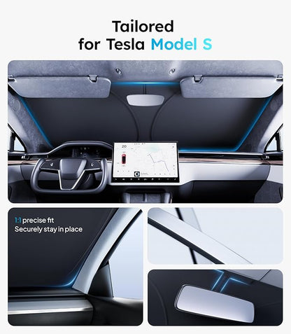 2026 Upgraded Accessories Tesla Model S Windshield Sunshade [Ice Shield Tech Fabric, 100% Sun Blockage], Foldable Heat Insulation Sunshade with Storage Bag, for Tesla Model S 2016~2026, Silver Coating