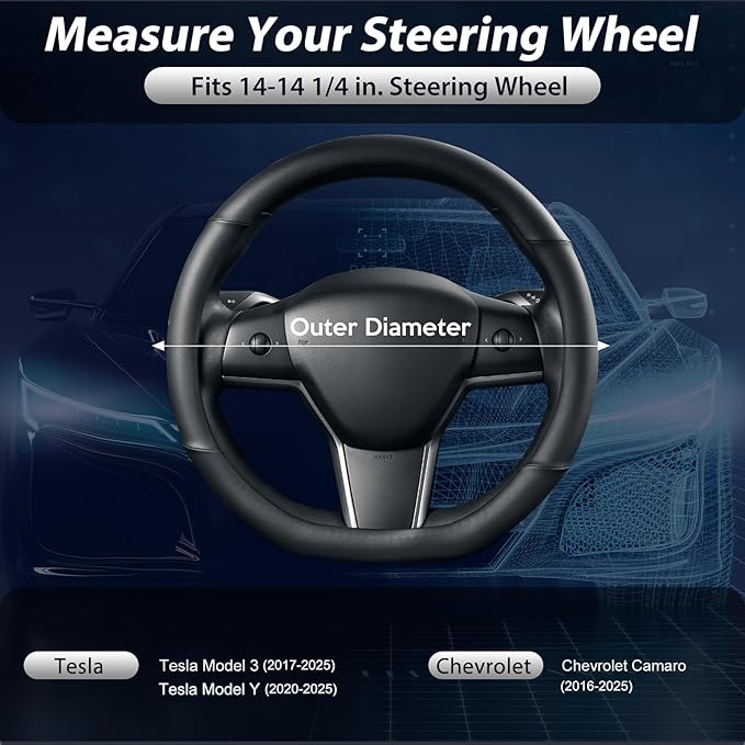 SEG Direct Flat Bottom Steering Wheel Cover, D Shaped Car Wheel Cover 14-14 1/4 in. (35.5-36 cm), for Tesla Model 3 / Y, for Camaro, Black Microfiber Leather