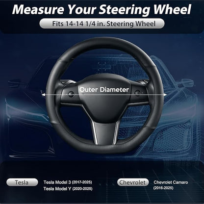 SEG Direct Flat Bottom Steering Wheel Cover, D Shaped Car Wheel Cover 14-14 1/4 in. (35.5-36 cm), for Tesla Model 3 / Y, for Camaro, Black Microfiber Leather