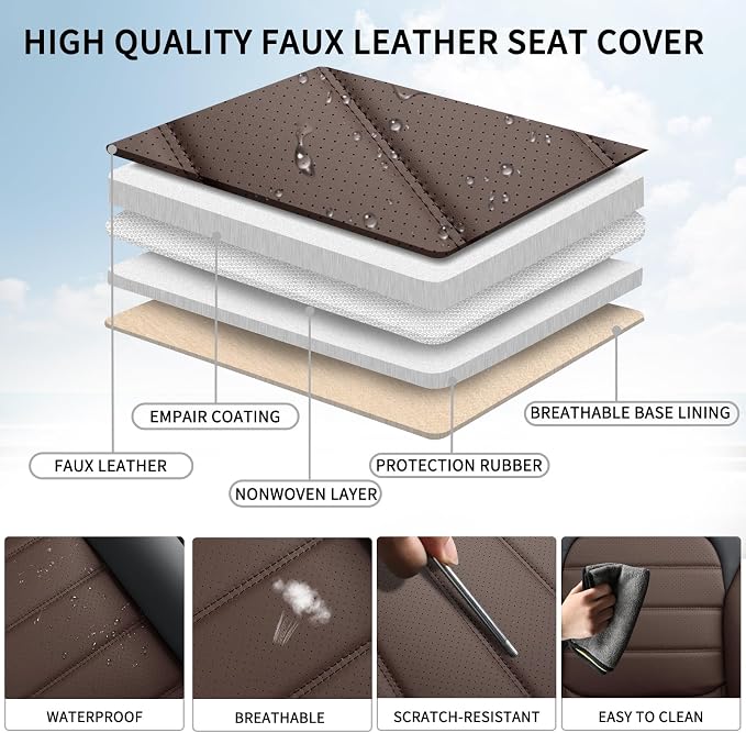Car Seat Covers Full Set, 5 Seats Universal Leather Seat Covers for Cars, Waterproof Front and Rear Seat Cover, Breathable Automotive Seat Cover for Most Sedans, Trucks, SUVs, Black&Brown