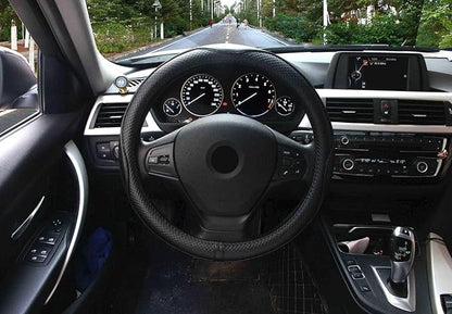Valleycomfy Steering Wheel Covers Universal 15 inch - Genuine Leather, Breathable, Anti Slip & Odor Free (Black with Black Lines, M(14" 1/2-15" 1/4))
