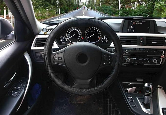 Valleycomfy Steering Wheel Covers Universal 15 inch - Genuine Leather, Breathable, Anti Slip & Odor Free (Black with Black Lines, M(14" 1/2-15" 1/4))