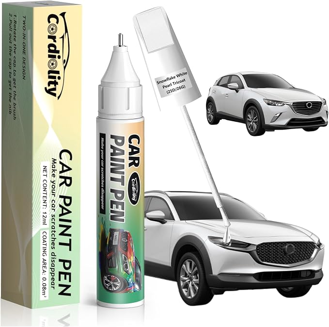 25D/26G Snowflake White Pearl Tricoat Touch Up Paint for Mazda, Color Accurate Car Paint Scratch Repair Pen, Quick & Easy Fix Automotive Chips and Nicks