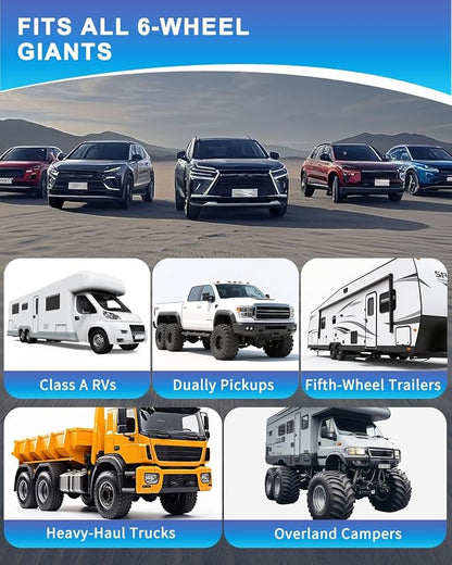RV Tire Pressure Monitoring System, TPMS with 6 Sensors & 6 Alarm Modes, 0-144 PSI ±1.5PSI, Solar/USB Charging for Dually Trucks & Heavy-Duty Trailers