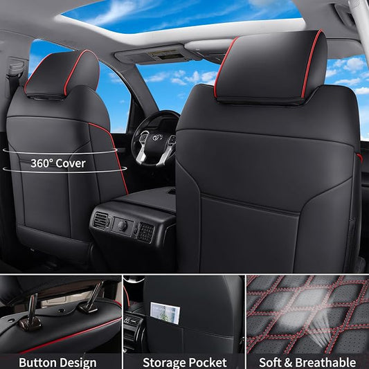 Huidasource Tacoma Seat Covers Front&Rear, Full Coverage Waterproof Car Seat Cover Fit for 2005-2015 Double & Crew Cab 2nd Gen Toyota Tacoma Base Prerunner SR5 Limited TRD Sport(Full Set/Black&Red)