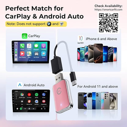 Wireless Carplay Adapter for iPhone, Convert Wired Carplay to Wireless, 2 in 1 Plug and Play Mini CarPlay Android Auto Adapter for iOS 10 Android 11 and Above, Cars with Built-in Carplay (Rose Pink)