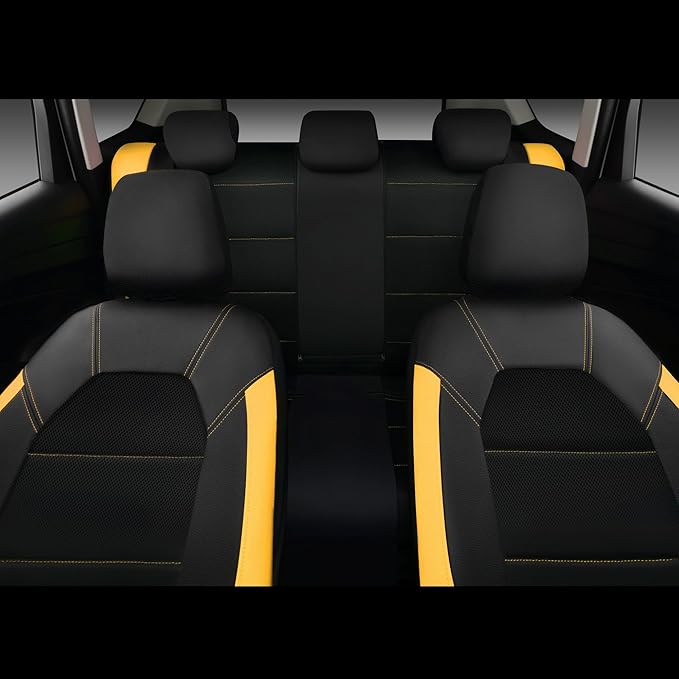 CAR PASS Leather Seat Covers, Breathable Universal Car Seat Cover Full Set for Cute Women Girly,5mm Composite Sponge Inside,Airbag Compatible Fits Most Auto,SUVs,Trucks,Vans(Full Set,Black&Yellow)