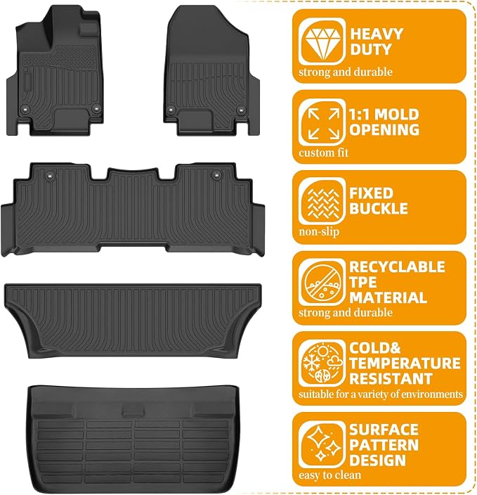Floor Mats for Honda Odyssey 2018,2020-2026, for Honda Odyssey LX EX EX-L Touring Elite & Sport 2023-2026 Floor Mats,1st & 2nd & 3rd Row & Cargo, TPE Non-Slip Waterproof Summer Winter Floor Liners