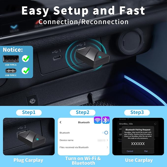 Wireless CarPlay Adapter,Convert Wired to Wireless CarPlay Adapter,Plug&Play 2-in-1 CarPlay & Android Auto Adapter,Fast&Stable Mini USB&USB-C/Type-C Car Adapter,Suitable for iOS10+/Android11+（Black）