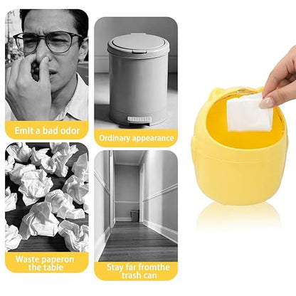 Mini Trash Can, Cute Small Trash Can with Lid, Desktop Paper Bin with 5 Rolls of Bin Liners, Portable Tabletop Dustbin, Cartoon Animal Rubbish Storage for Office Bedroom Desk Kitchen(Yellow)