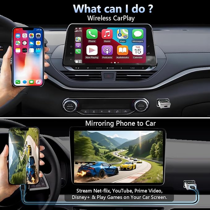 Wireless CarPlay Adapter with Wired DP Video Streaming for Net-Flix YouTube TikTok, Screen Mirroring for iOS & Android, Voice Control Navigation Music Calls, Compatible with Wired CarPlay Gray