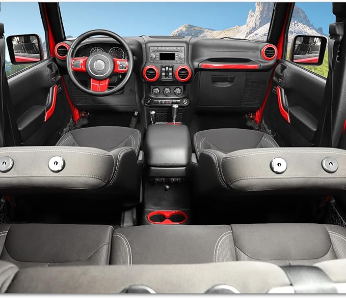 18PCS Full Set Interior Trim Kit for Jeep Wrangler JK JKU 2011-2018 4 Door,Center Console Door Handle Side Outlet Cup Holder Gear Cover Trim (Red)