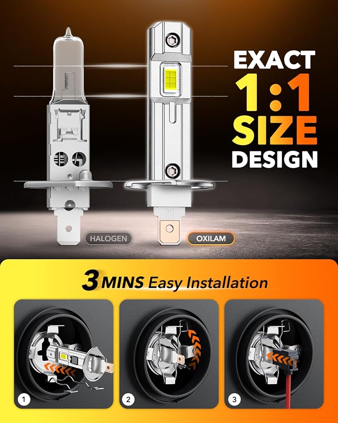 OXILAM H1 Bulbs 2026 1:1 Size Design, 1000% Brighter H1LL Fog Light Bulbs, 6500K White Light Bulb Non-polarity, Plug and Play, IP68, Pack of 2