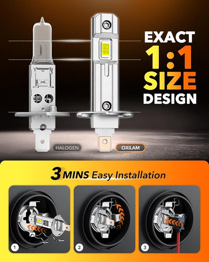 OXILAM H1 Bulbs 2026 1:1 Size Design, 1000% Brighter H1LL Fog Light Bulbs, 6500K White Light Bulb Non-polarity, Plug and Play, IP68, Pack of 2