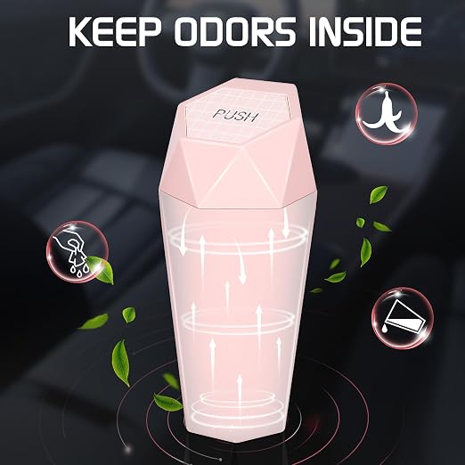 Car Trash Can with Lid, Mini Car Trash Cup with 30 Additional Trash Bags, Car Accessories for Interior, Leakproof Vehicle Garbage Bin for Car, Home, Office - 2 Packs, Pink