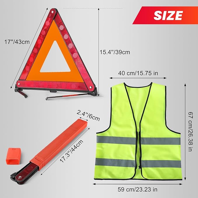 DASBET 3 Pack Emergency Warning Triangles with 2 Pack Reflective Vest Kit | Roadside Safety Triangle, Foldable Warning Reflective Triangle with Case for Vehicles Breakdown & Emergencies