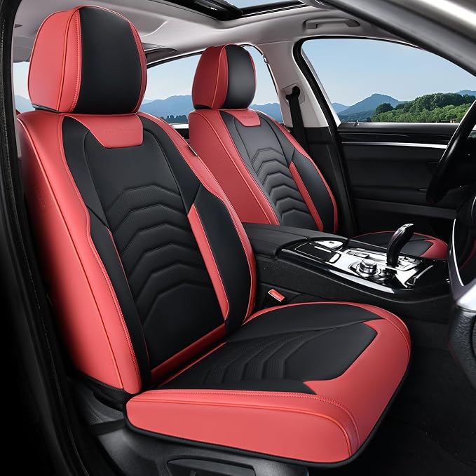 Coverado Front Seat Covers for Cars, 2 Pack Faux Leather Car Seat Covers, Waterproof Automotive Seat Covers Driver Car Seat Protector Car Seat Cushion Universal Fit for Most Cars Trucks SUV, Red&Black