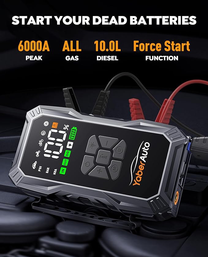 YaberAuto 10-in-1 Jump Starter with Air Compressor 6000A 150PSI Car Battery Jump Starter (All Gas/10L Diesel) 12V Jump Box Car Battery Jumper Starter Portable Jumper Cables, 150W DC, Gloves, Lights