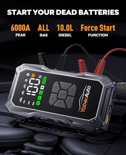 YaberAuto 10-in-1 Jump Starter with Air Compressor 6000A 150PSI Car Battery Jump Starter (All Gas/10L Diesel) 12V Jump Box Car Battery Jumper Starter Portable Jumper Cables, 150W DC, Gloves, Lights