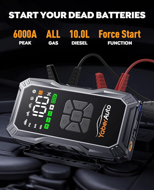 YaberAuto 10-in-1 Jump Starter with Air Compressor 6000A 150PSI Car Battery Jump Starter (All Gas/10L Diesel) 12V Jump Box Car Battery Jumper Starter Portable Jumper Cables, 150W DC, Gloves, Lights