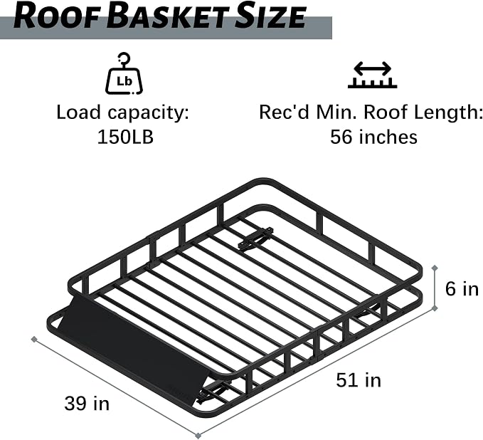 51" x 39" x 6" Roof Rack Cargo Carrier, Universal Rust-Proof Roof Rack Basket for SUV, Heavy Duty Steel Rooftop Cargo Carrier, Car Top Luggage Holder 150LBS Capasity, Easy Assembly, Black