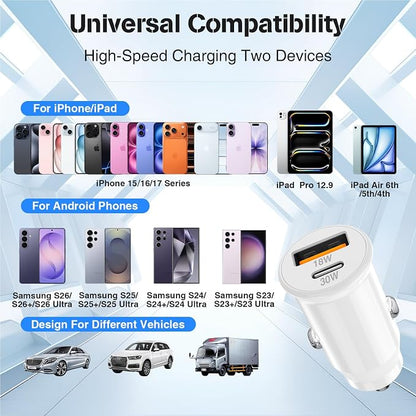 48W USB C Car Charger for iPhone 17 16 15 Pro Max, 48W Dual Port USB-C & USB-A Car Fast Charging Adapter, 2X3FT C to C Cable & A to C Carplay Cable for iPhone 17 16 15 Series/iPhone Air, iPad, Samsung