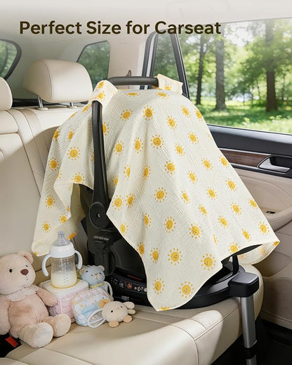 100% Muslin Cotton Car Seat Cover for Baby, Soft Breathable Car Seat Canopy, Universal Infant Carseat Cover Sun Protector, Lightweight Summer Stroller Cover for Boys Girls-Sunlight