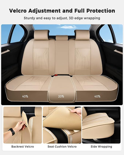 Huidasource Car Seat Covers Full Set, Universal Fit for Most Cars SUV Trucks, Full Coverage Nappa Leather Seat Cover, Airbag, Cupholder Compatible, Velcro Adjustable, Seat Function Retain, Beige