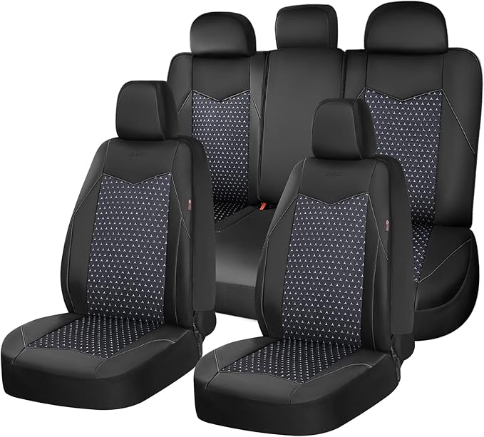 Coverado Car Seat Covers 5 Seats, PU Leather Seat Covers Fullset, Printed Breathable Mesh Design, Front and Rear Car Seat Protectors, Luxury Automotive Seat Covers Universal Fit for Most Cars, Black