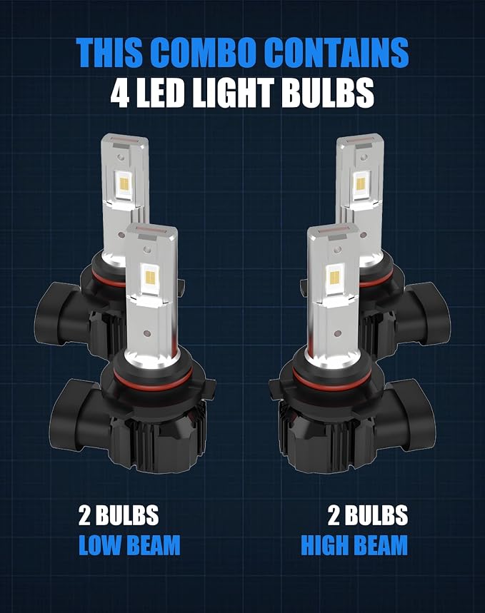 Bulb Combo for Honda Civic 2004-2015 High and Low Beam bulbs | for halogen 9005 9006 40W 30000Lm 6500K Fanless, plug and play as stock halogen bulbs, 4-Pack