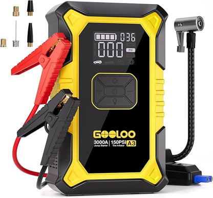 GOOLOO A3 Jump Starter with Air Compressor, 3000A Portable Car Battery Jumper Starter (9.0L Gas/6.5L Diesel) with 150PSI Auto-Shutoff Tire Inflator, 12V Supersafe Lithium Jump Box Car Booster, Yellow