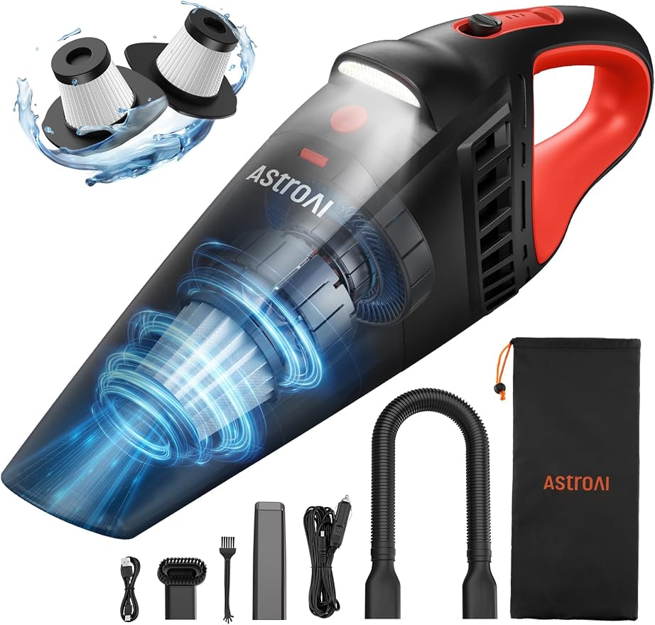 AstroAI V2 Mini High Power Portable Cordless Handheld Car Vacuum Cleaner, 6000mAh Battery & 12V DC, LED Light, Brush, Multi-Nozzles, 16.4 ft Cord Car Interior for Car, Home, Office, Pet Hair Cleaning