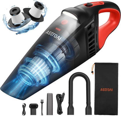 AstroAI V2 Mini High Power Portable Cordless Handheld Car Vacuum Cleaner, 6000mAh Battery & 12V DC, LED Light, Brush, Multi-Nozzles, 16.4 ft Cord Car Interior for Car, Home, Office, Pet Hair Cleaning