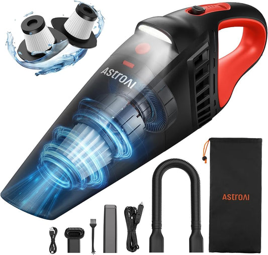 AstroAI V2 Mini High Power Portable Cordless Handheld Car Vacuum Cleaner, 6000mAh Battery & 12V DC, LED Light, Brush, Multi-Nozzles, 16.4 ft Cord Car Interior for Car, Home, Office, Pet Hair Cleaning