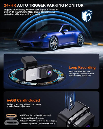 Dash Cam Front and Rear, 4K Front Dash Cam, 3K+1080P Dual Dash Camera for Cars, Built-in WiFi, Car Dashcams with Night Vision, Free 64GB Card, 24H Parking Mode, App Control, Silvery