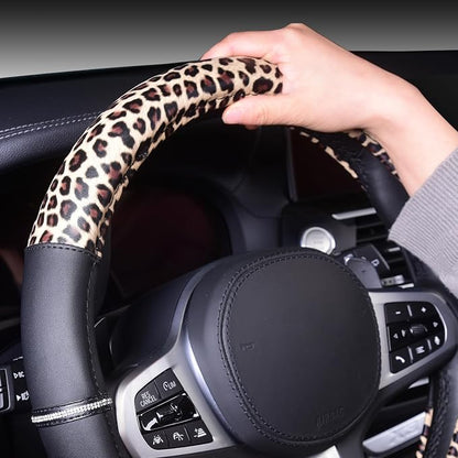 AUTOYOUTH Leopard Steering Wheel Cover - Bling Crystal Rhinestones Cheetah Print on Leather Non-Slip Breathable Design for Women/Girls Universal Fit 14.5-15 Inch(Black & Yellow)
