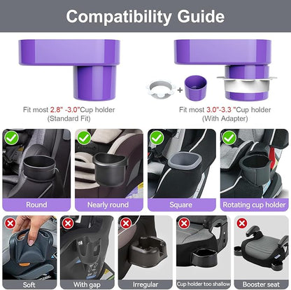 Car Seat Snack Tray for Toddlers - 3 Inch Cup Holder Fits Most Sippy Cups & Straw Bottles with Dip Well, Mess-Free Square Kids Travel Tray Road Trip Essentials, Purple