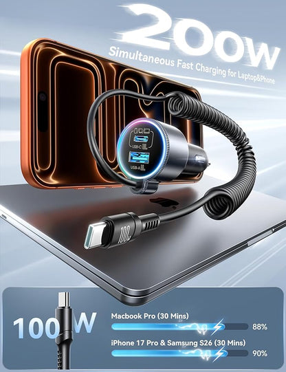 200W Car Charger USB C Fast Charge, PD100W Fast Car Charger Type C, PD3.0/QC4.0/PPS Cigarette Lighter Phone Adapter for iPhone 17 16 15 ProMax, MacBook Pro Air Laptop, Samsung S26/S25, Pixel, iPad Pro
