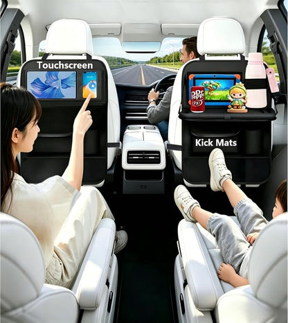 TCJJ Car Seat Organiser, Backseat Car Organizer for Kids, Car Backseat Seat Kick Protector With Tray and Touch Screen Tablet Storage Pockets Black/2 Pack